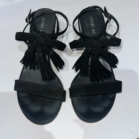 Stuart Weitzman Black Suede Tassel Mania Heeled Sandal size 7.5 - Picture 3 of 7